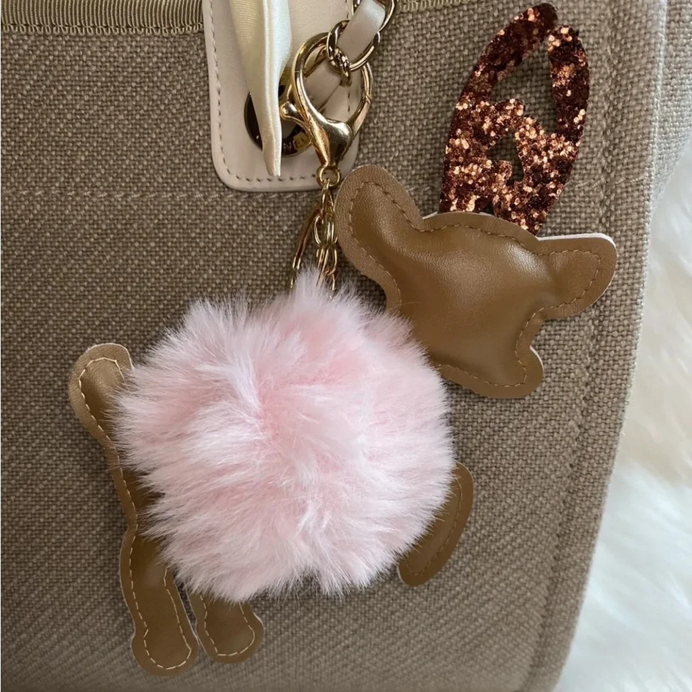 Reindeer Pom Pom keychain charm pink